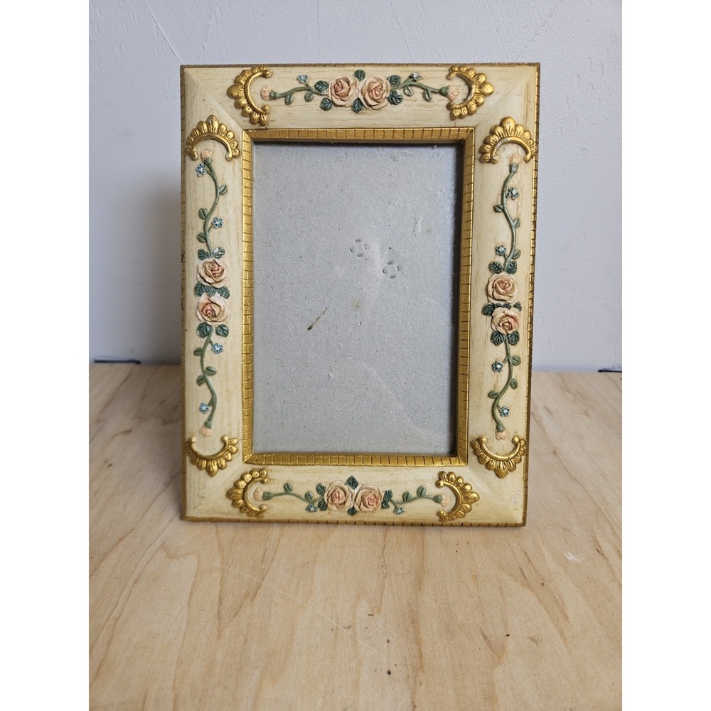 Cottagecore Shabby Chic Resin Rose Picture Frame Gold Floral 8x6 Tabletop Decor